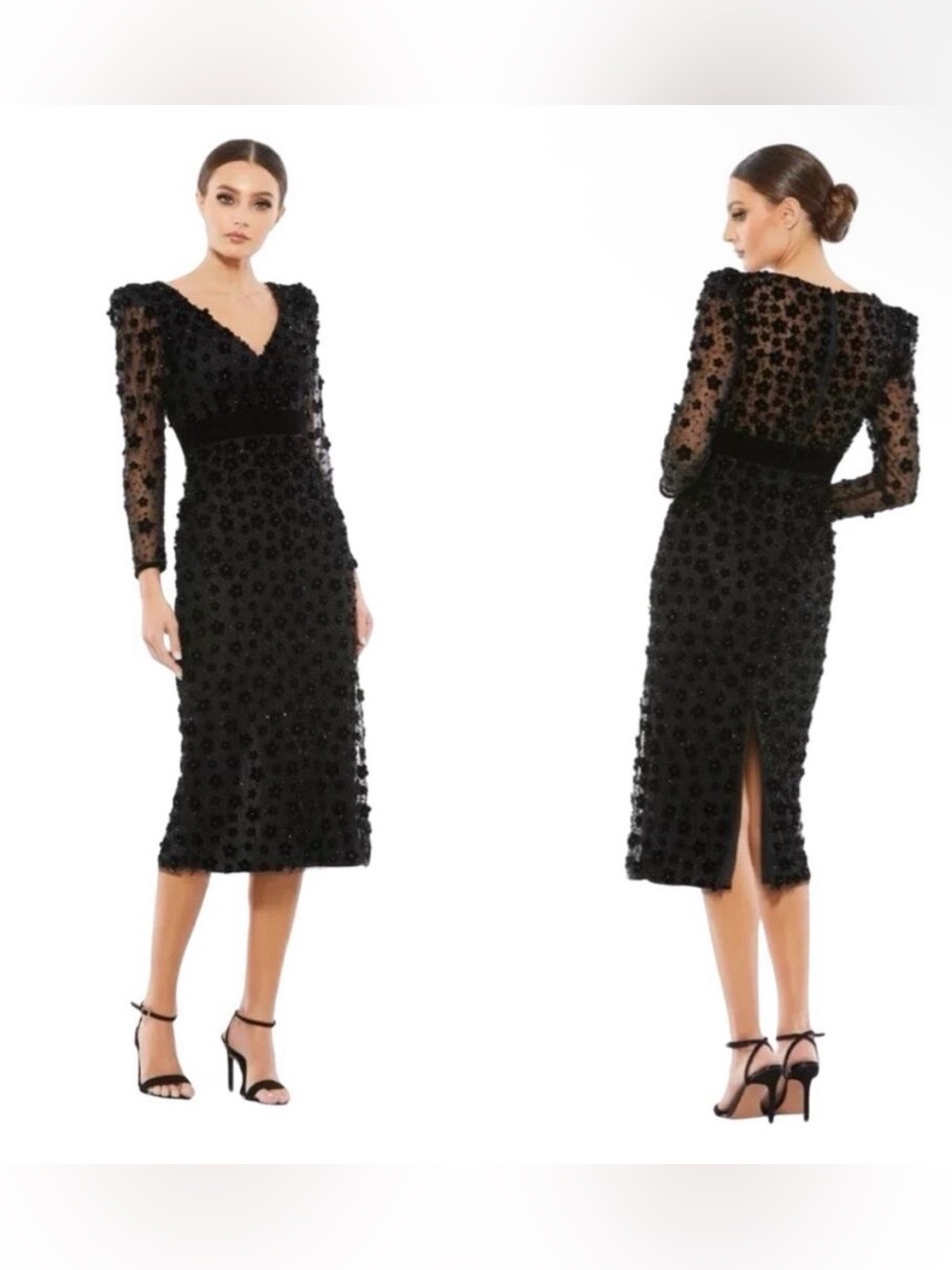 Mac Duggal Embellished V-Neck Long-Sleeve Midi-Dress Black Floral ✨NWT Sz 10